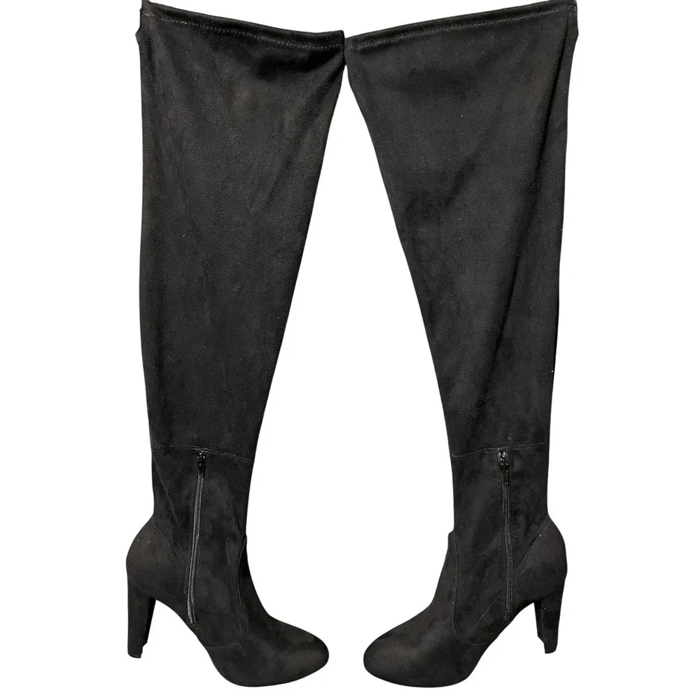 Wild Diva Black Over The Knee Boots‎ Floral Embroidery Block Heel Size 10
